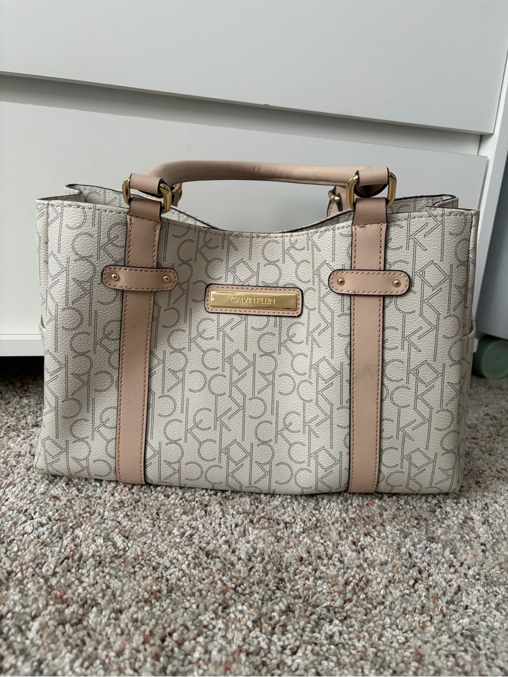 Calvin Klein Cream Logo Satchel with Tan Trim